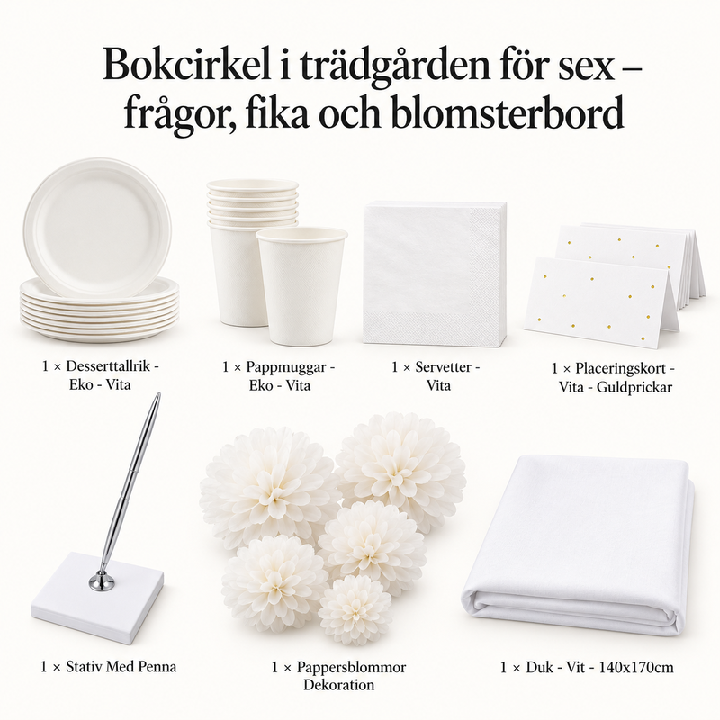 Bokcirkel i trädgården för sex – frågor, fika och blomsterbord – innehåll och antal försäljningsförpackningar
