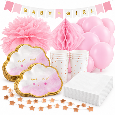 Babyshower flicka – rosa moln – fika och dekorationer, 12 gäster – samlat paketinnehåll