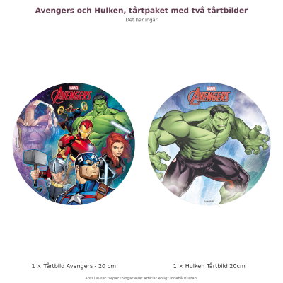 Avengers och Hulken, tårtpaket med två tårtbilder – innehåll och antal förpackningar
