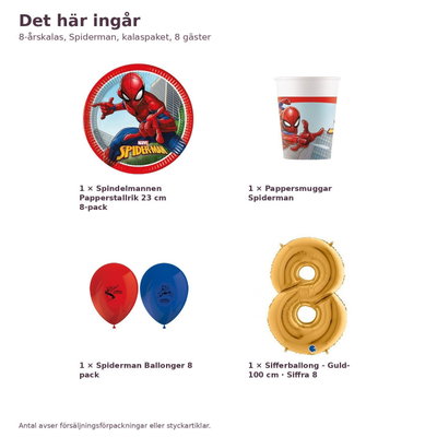 8-årskalas, Spiderman, kalaspaket, 8 gäster – innehåll och antal utan servetter