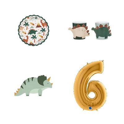 6-årskalas, Dinosauriekalas, kalaspaket, 6 gäster – paketets produkter med sifferballong 100 cm