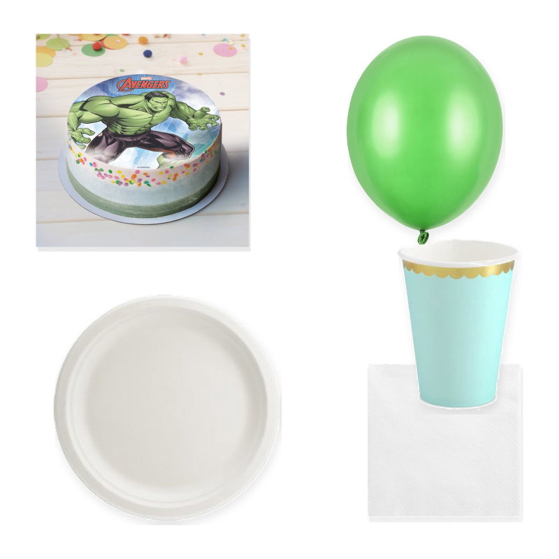 Hulken – tårtbild, mintgrön/vit dukning och gröna ballonger för 6 gäster