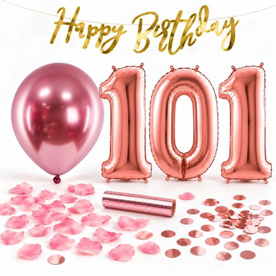 101-års festpaket, Roséguld, Stor – paketets dekorationer på vit bakgrund