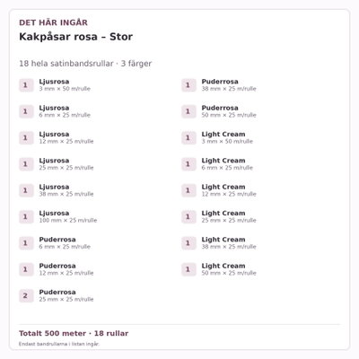 Det här ingår – Satinbandspaket – Kakpåsar rosa – Stor – 18 rullar