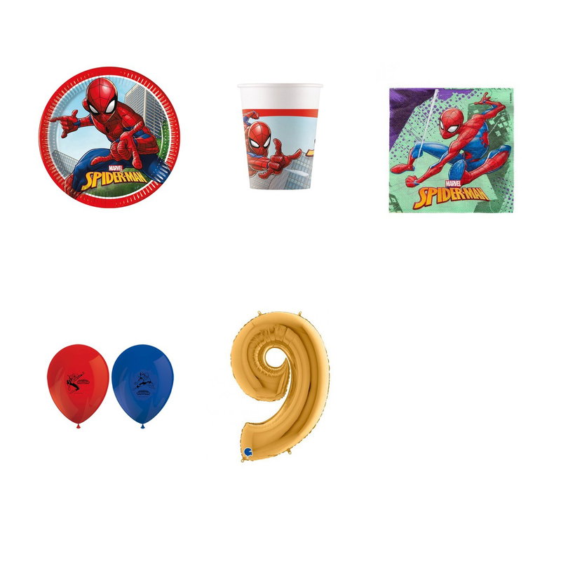 9-årskalas, Spiderman, kalaspaket, 8 gäster – paketets produkter med sifferballong 100 cm