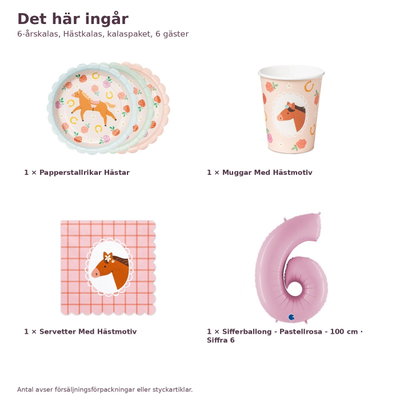 6-årskalas, Hästkalas, kalaspaket, 6 gäster – innehåll och antal, sifferballong 100 cm