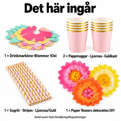 Blommande dryckesbuffé för tio – rosa muggar och egen blomma – innehåll och antal försäljningsförpackningar