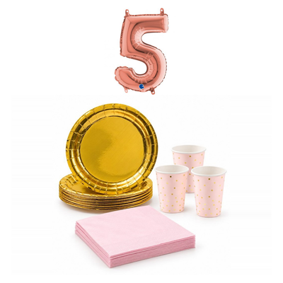 5-årskalas, Rosa och guld, kalaspaket, 6 gäster – sammansatt bild av paketets produkter