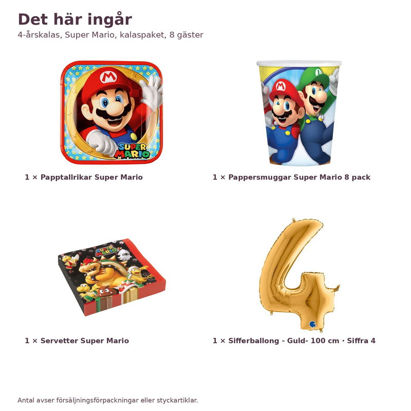 4-årskalas, Super Mario, kalaspaket, 8 gäster – innehåll och antal, sifferballong 100 cm