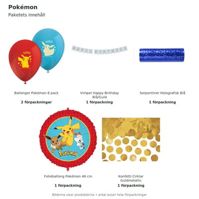 Pokémon – dekorationspaket Stort – innehåll och antal