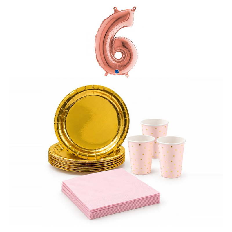 6-årskalas, Rosa och guld, kalaspaket, 6 gäster – sammansatt bild av paketets produkter