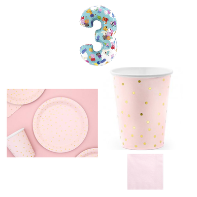 3-årskalas, Greta Gris-sifferballong och rosa dukning, kalaspaket, 6 gäster – sammansatt bild av paketets produkter