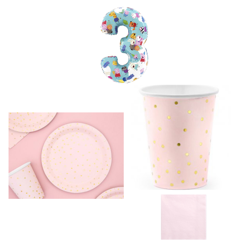3-årskalas, Greta Gris-sifferballong och rosa dukning, kalaspaket, 6 gäster – sammansatt bild av paketets produkter