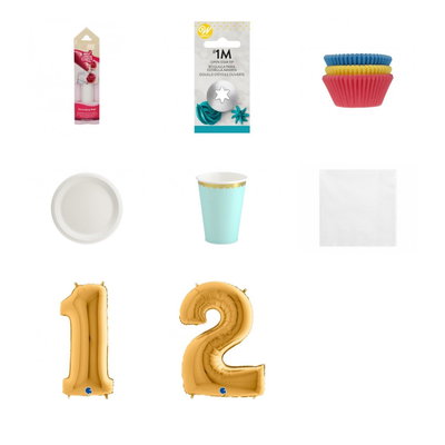 12-årskalas, Bakkalas – dekorera cupcakes, kalaspaket, 6 gäster – paketets produkter med sifferballong 100 cm