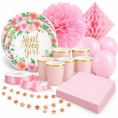 Dop flicka – floral och rosa – fika och dekorationer, 12 gäster – samlat paketinnehåll