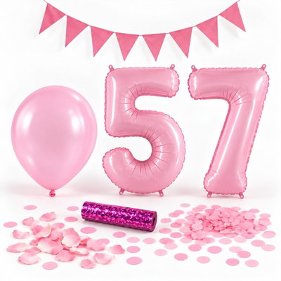 57-års festpaket, Rosa, Stor – paketets dekorationer på vit bakgrund