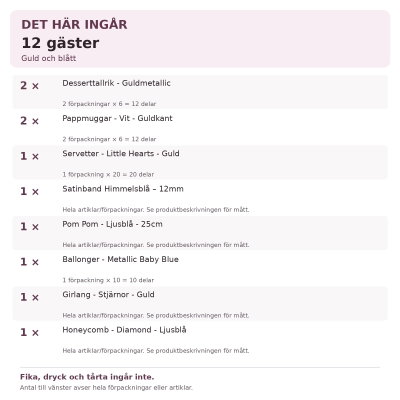 Dop pojke – guld och blått – fikadukning & dekorationer, 12 gäster – innehåll och antal