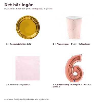 6-årskalas, Rosa och guld, kalaspaket, 6 gäster – innehåll och antal, sifferballong 100 cm