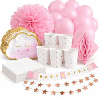 Babyshower flicka – rosa moln – fika och dekorationer, 6 gäster – samlat paketinnehåll