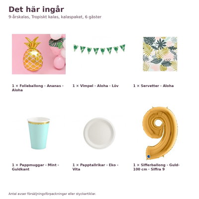 9-årskalas, Tropiskt kalas, kalaspaket, 6 gäster – innehåll och antal, sifferballong 100 cm