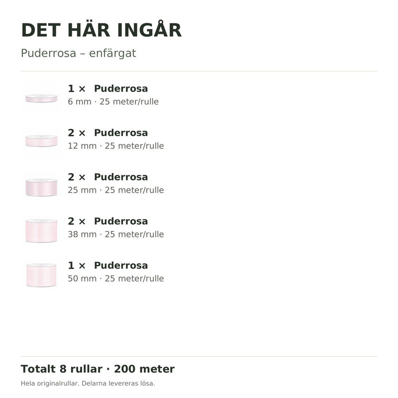 Det här ingår – Satinbandspaket – Puderrosa – 8 rullar