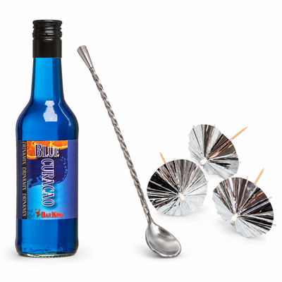 Blue Curacao-paket – drinkmix, barsked och silverparaplyer