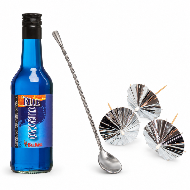 Blue Curacao-paket – drinkmix, barsked och silverparaplyer