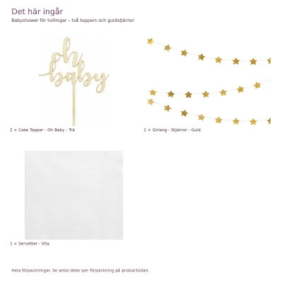 Babyshower för tvillingar – två toppers och guldstjärnor – exakt innehåll och antal förpackningar