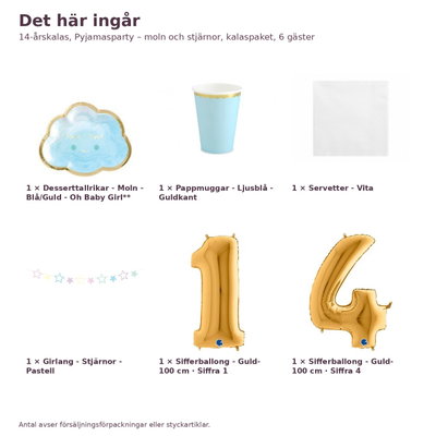 14-årskalas, Pyjamasparty – moln och stjärnor, kalaspaket, 6 gäster – innehåll och antal, sifferballong 100 cm