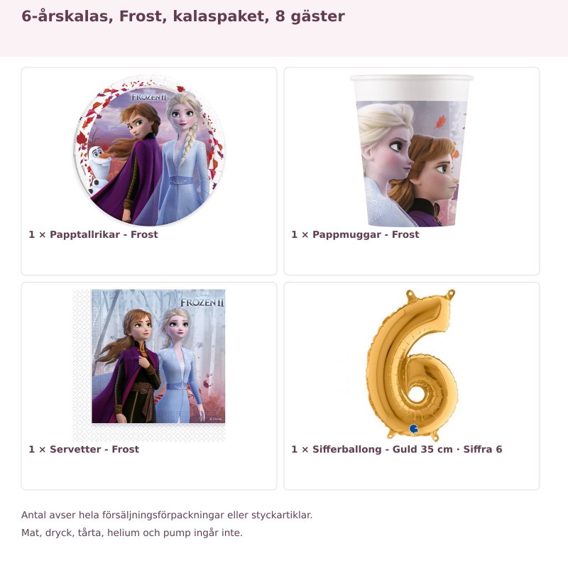 6-årskalas, Frost, kalaspaket, 8 gäster – innehåll och antal förpackningar