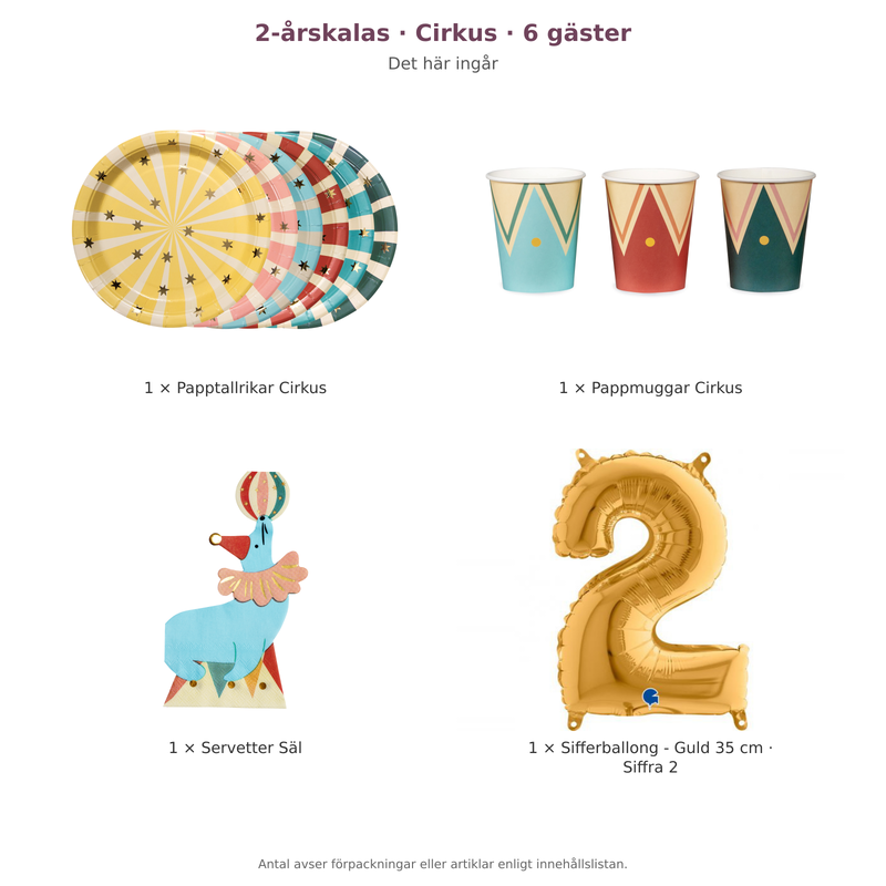 2-årskalas, Cirkus, kalaspaket, 6 gäster – innehåll och antal förpackningar