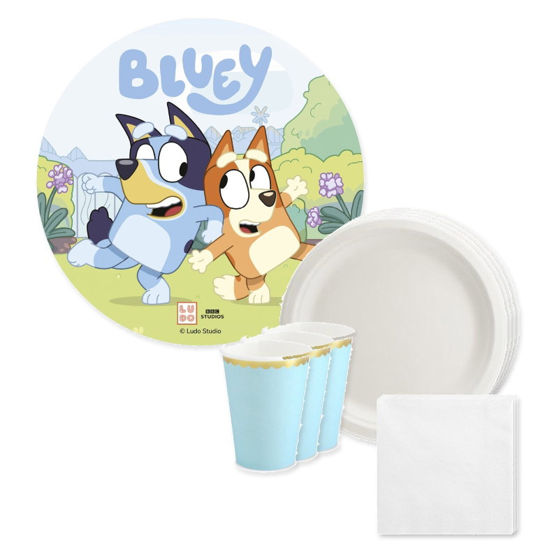 Bluey – tårtbild och färgmatchad dukning för 12 gäster – paketets samlade innehåll