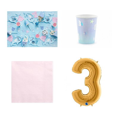 3-årskalas, Narwhal, kalaspaket, 6 gäster – paketets produkter med sifferballong 100 cm