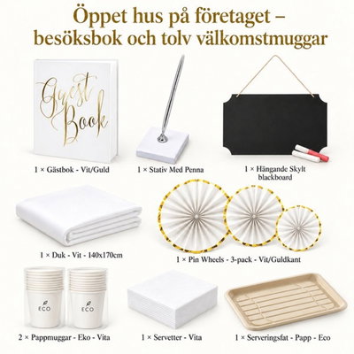Öppet hus på företaget – besöksbok och tolv välkomstmuggar – innehåll och antal försäljningsförpackningar