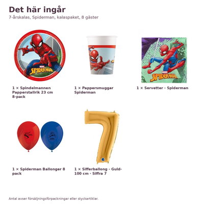 7-årskalas, Spiderman, kalaspaket, 8 gäster – innehåll och antal, sifferballong 100 cm