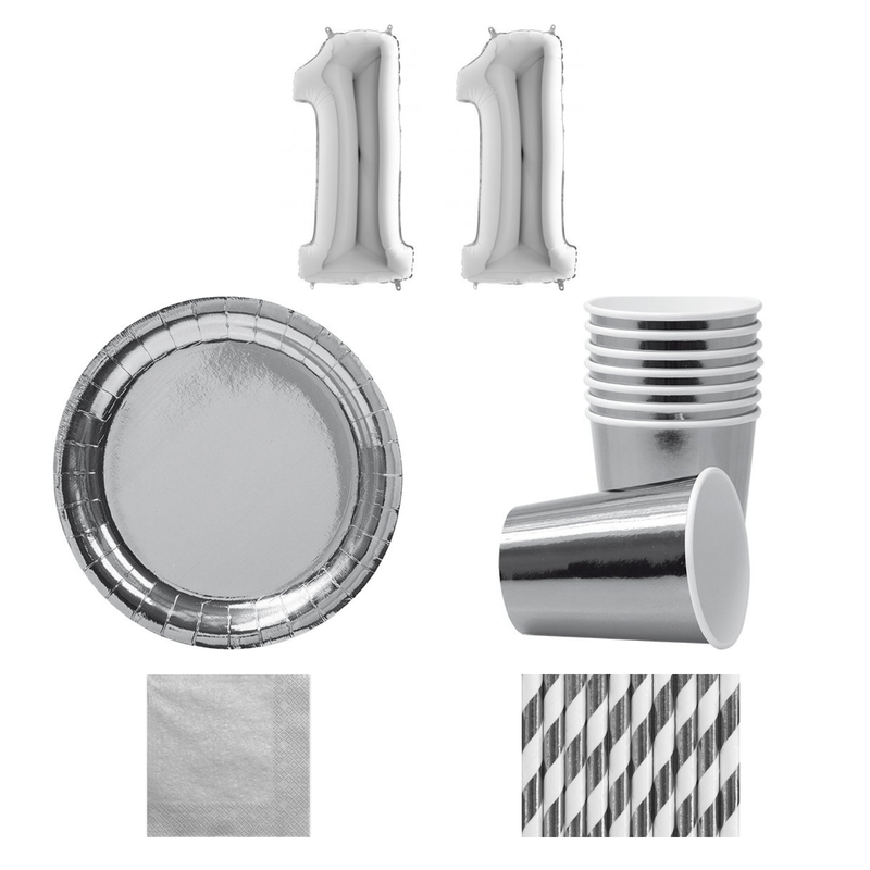 11-årskalas, Silver, kalaspaket, 8 gäster – sammansatt bild av paketets produkter