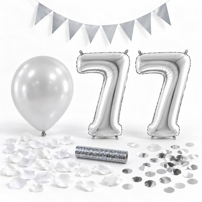 77-års festpaket, Silver, Stor – paketets dekorationer på vit bakgrund