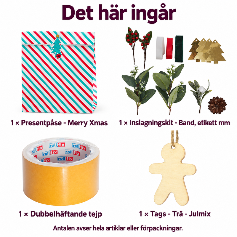 Det här ingår i Tre större julklappar – påsar med grankvistar och träetiketter