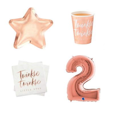 2-årskalas, Twinkle, kalaspaket, 8 gäster – paketets produkter med sifferballong 100 cm