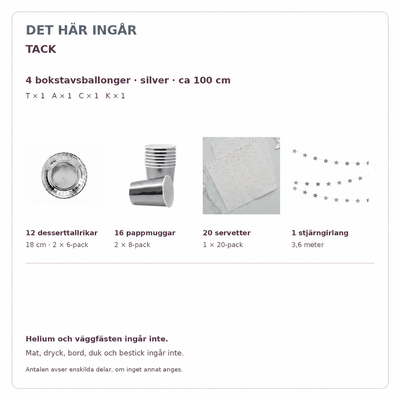 Innehåll och exakta antal – TACK, 100 cm bokstäver och dukning för 12
