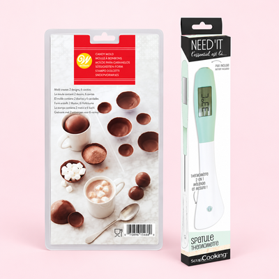 Chokladbomber – rätt 3D-form och termometerspatel – samlingsbild av ingående produkter.