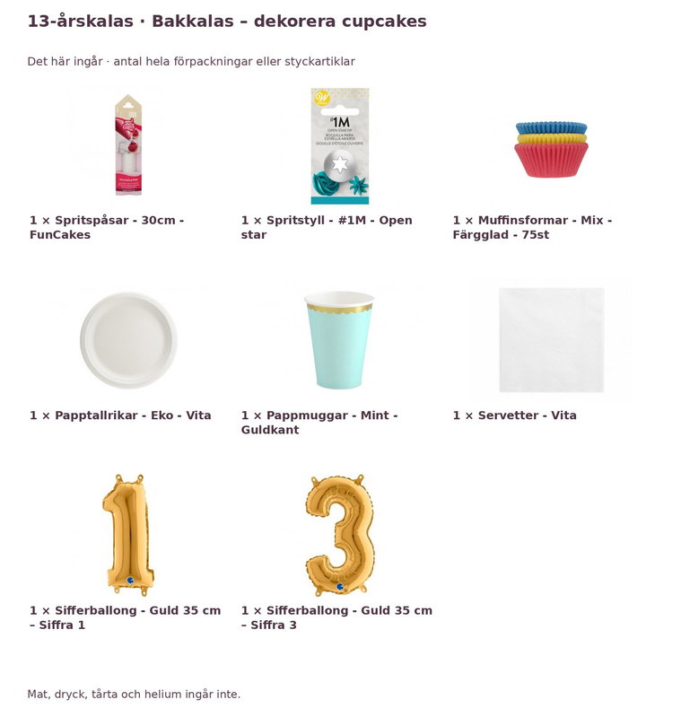 13-årskalas, Bakkalas – dekorera cupcakes, kalaspaket, 6 gäster – innehåll och antal förpackningar