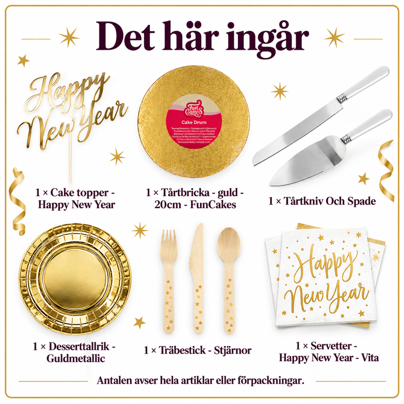 Det här ingår i Nyårstårtan för sex – guldtopp och färdig serveringsplats