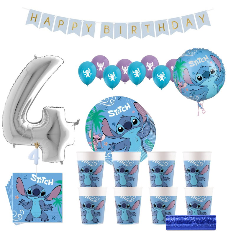 Stitch & Angel – 4-årskalas – kalaspaket för 8 gäster – paketets produkter