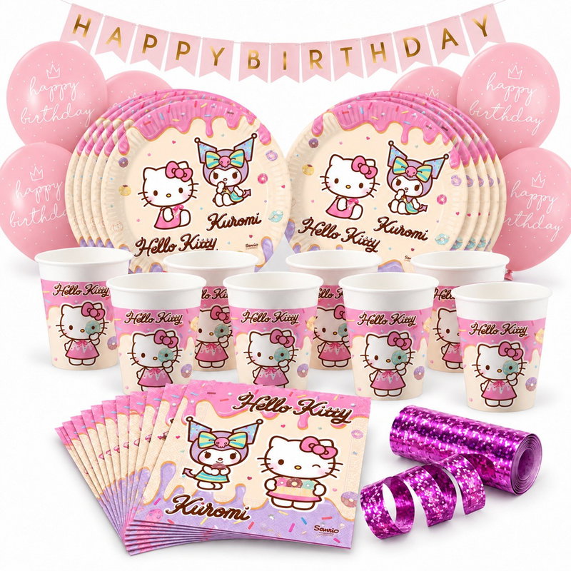 Hello Kitty & Kuromi – kalaspaket med dekorationer för 24 gäster – paketets produkter