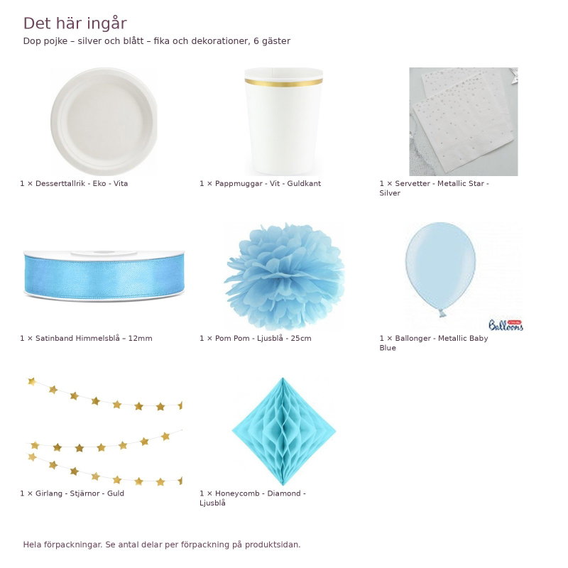 Dop pojke – silver och blått – fika och dekorationer, 6 gäster – innehåll och antal förpackningar