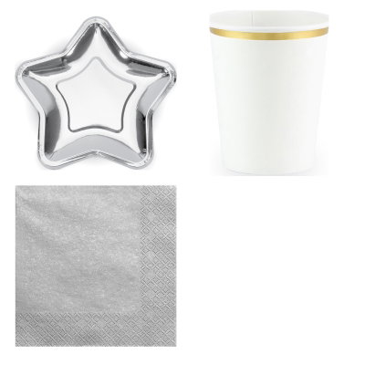Påfyllnadspaket – silver och vitt – dukning för 6 extra gäster – paketets produkter