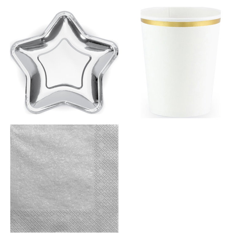 Påfyllnadspaket – silver och vitt – dukning för 6 extra gäster – paketets produkter