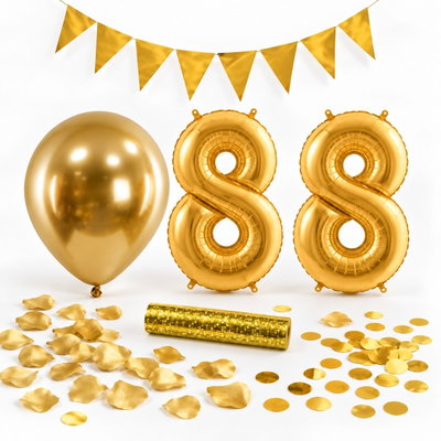 88-års festpaket, Guld, Stor – paketets dekorationer på vit bakgrund