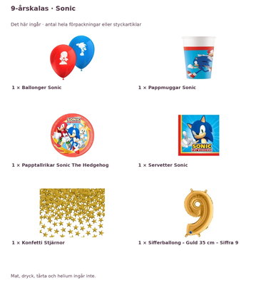 9-årskalas, Sonic, kalaspaket, 8 gäster – innehåll och antal förpackningar